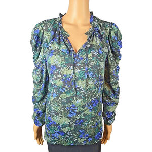 Ann Taylor Factory Black, Blue and Green Floral Long Sleeve Blouse Size Medium